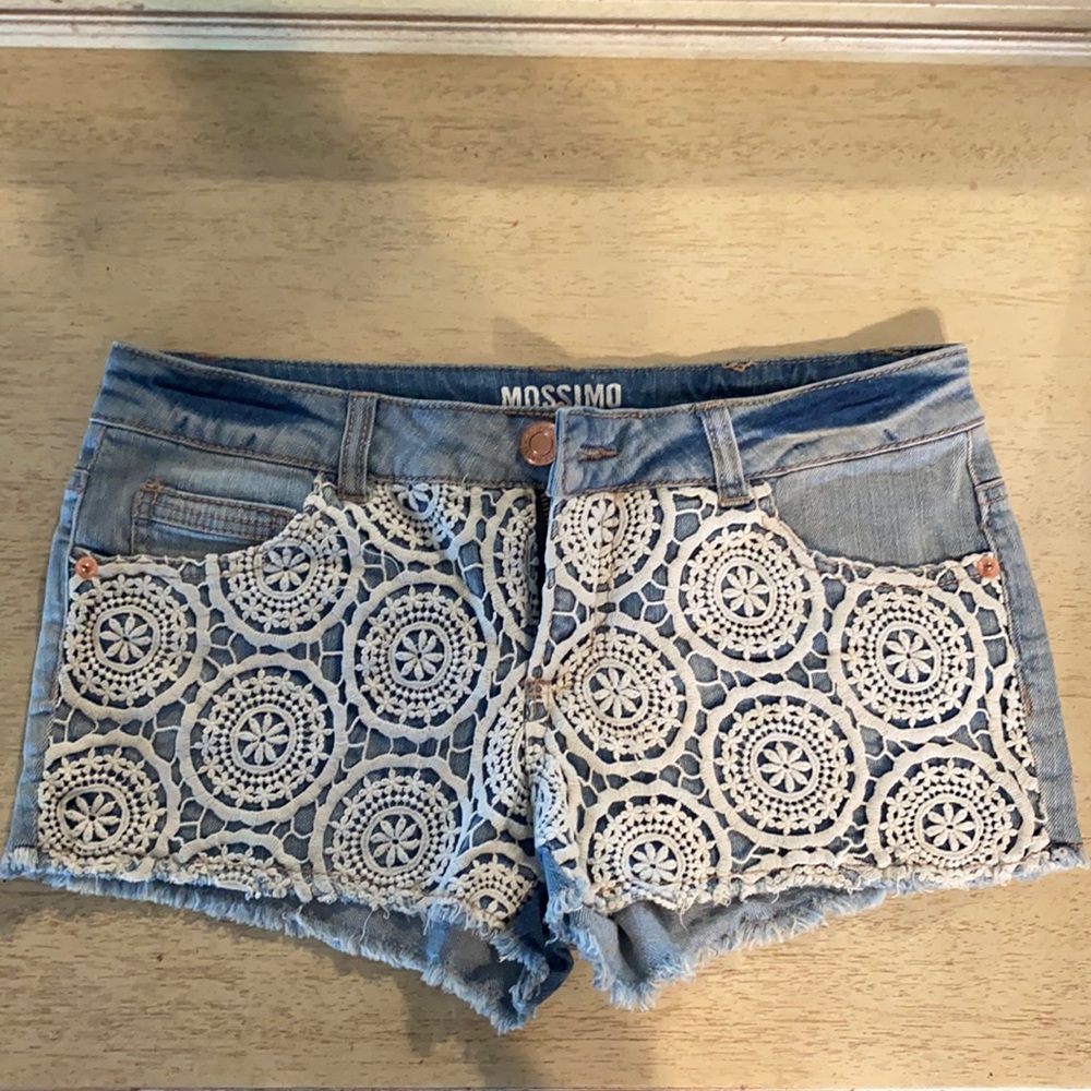 Crochet denim shorts